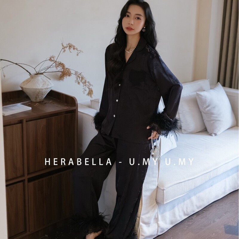 Hera Bella Spring and Autumn High-End Light Luxury Ice Silk Feather Pajamas Feminine Pure Desire Lapel Cardigan Loungewear Hera Bella Spring and Autumn High-End Light Luxury Ice Silk Feather Pajamas Feminine Pure Desire Lapel Cardigan Loungewear