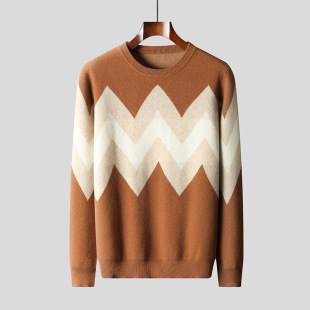 Autumn and winter New 100% pure woolen sweater men's round neck thickened color matching pullover business casual knitted top