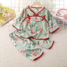 棉绸婴儿夏装空调服分体套装儿童春装夏季人造棉宝宝衣服睡衣长袖