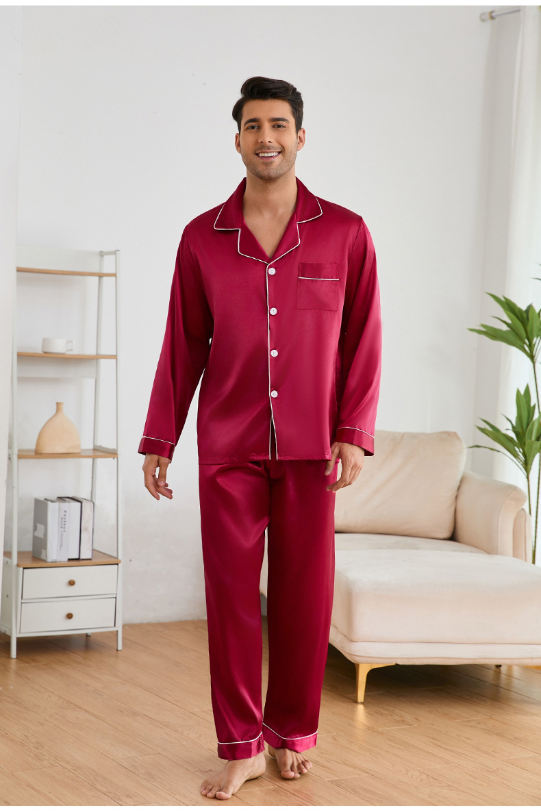 Yaoyin Herren-Pyjama aus Eisseide, Frühlings- und Herbstset, Hochzeits-Set, rote Ärmel, lange Hose, Hausanzug TZ21762_voghion.com