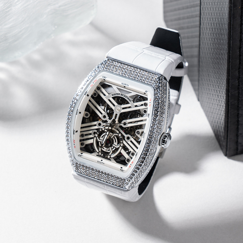 Factory direct new barrel-shaped full-diamond watch automatic mechanical watch men's diamond-encrusted luminous Frank watch