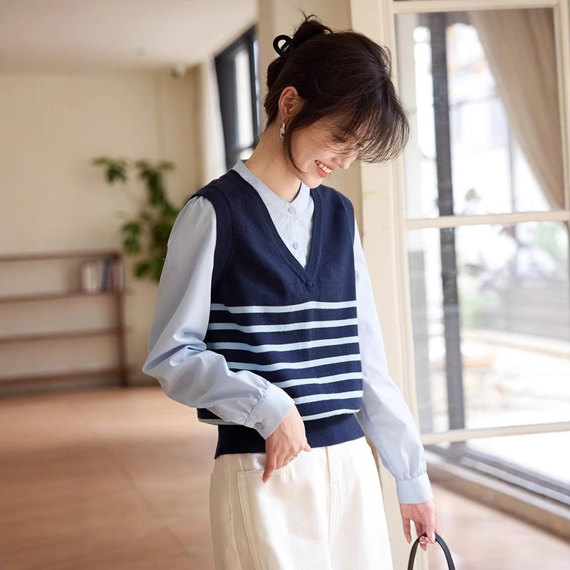 College-style Striped Knitted Vest Stitching Long-sleeved Shirt Fake Two-piece Top Women's 2025 Spring New