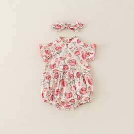 2025婴儿包屁衣女宝宝粉色花朵哈衣爬服夏季新生儿公主甜美连体衣