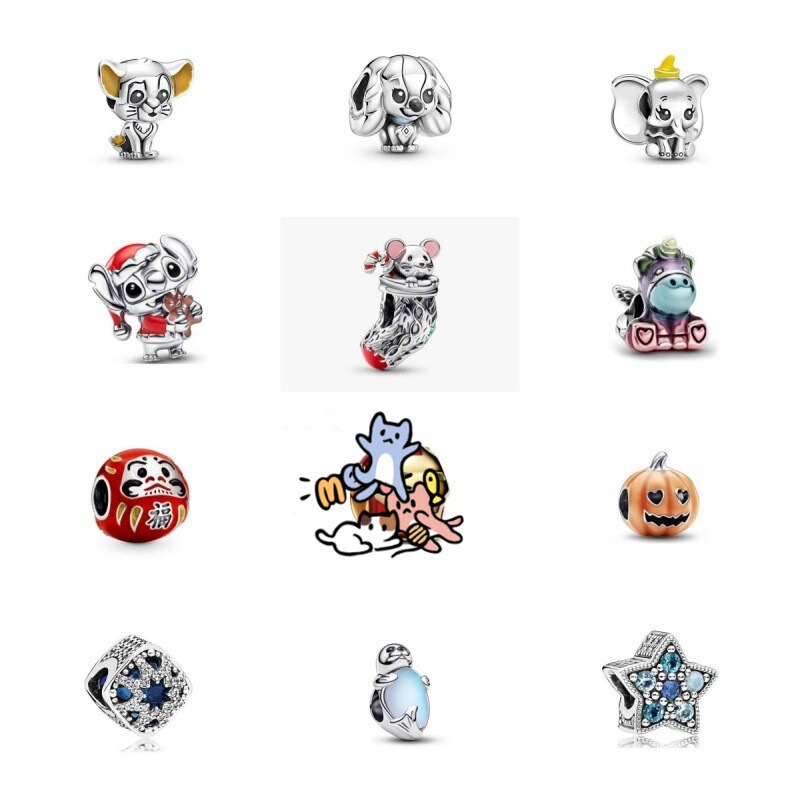 Pandora 925 Silver Stitch, Mouse, Flying Cow, Blue Melon, Pufferfish Bead Charms for DIY Bracelet Accessories