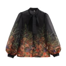 跨境专供外贸亚马逊热销女装小众蝴蝶结系带设计感欧根纱印花衬衫