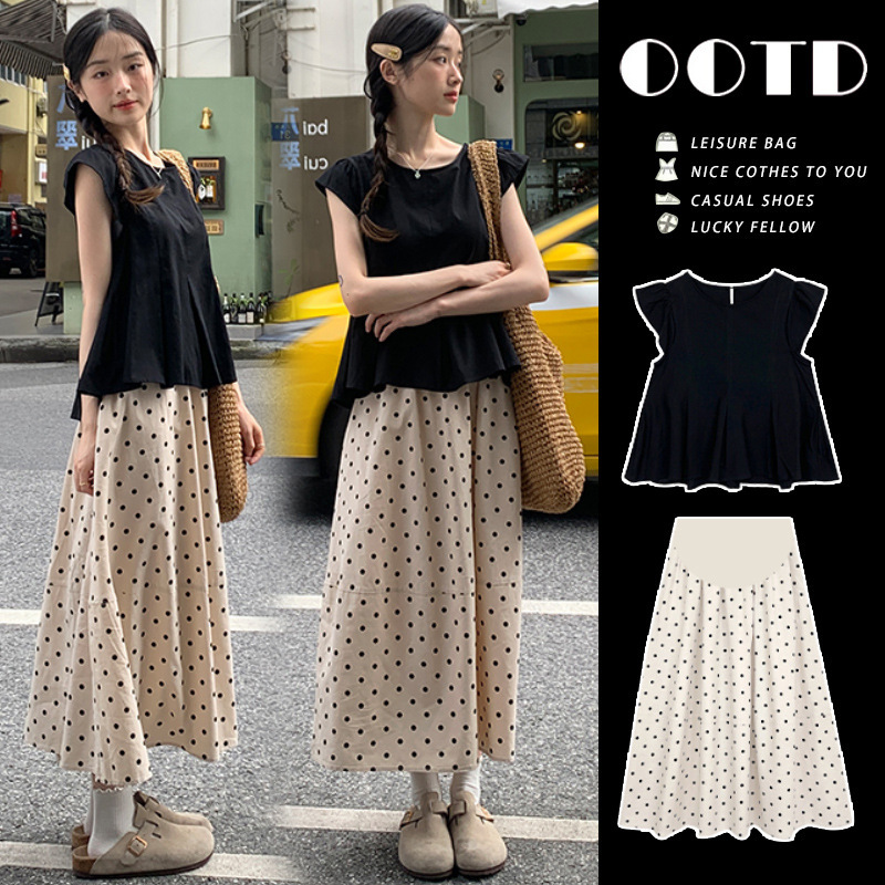 Pregnant Women Summer suit New Summer Belly Covering Sleeveless Doll Shirt Top Belly Wave Dot Skirt Two-piece Set Pregnant Women Summer suit New Summer Belly Covering Sleeveless Doll Shirt Top Belly Wave Dot Skirt Two-piece Set
