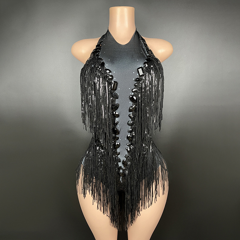 NOCANCE 2023 nuevo champán sexy brillante diamante borla cuello redondo corto elegante de lujo mono