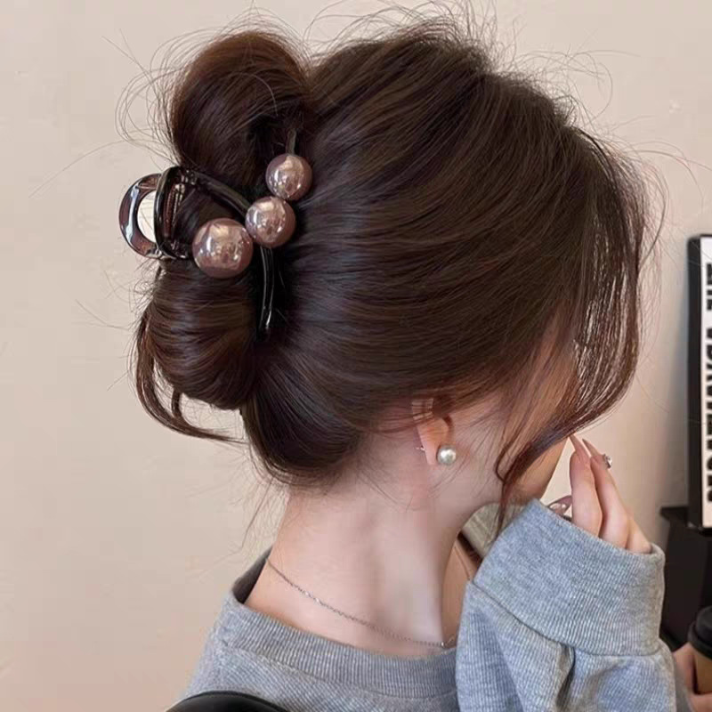 23#Dark brown three ball beads 8cm hair grip