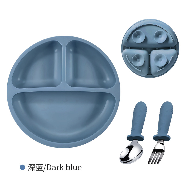 Placa de comedor de silicona para bebés 304 tenedor y cuchara de acero inoxidable, plato de ventosa, alimento complementario de tres compartidos para bebés de grado alimenticio resistente a altas temperaturas