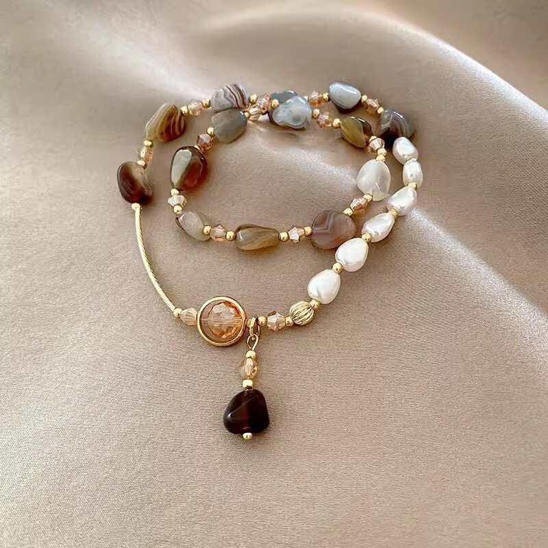 Imitation Natural Stone Pearl Double Layer Bracelet Women's Light Luxury High-end Retro Niche Elegant Bracelet Niche All-match Bracelet