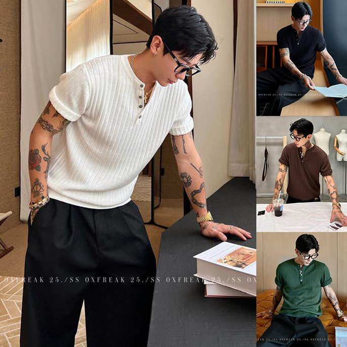Camiseta de punto de manga corta camiseta hombre Henry delgado y delgado color sólido viejo viento de hielo seda fábrica transfronteriza al por mayor