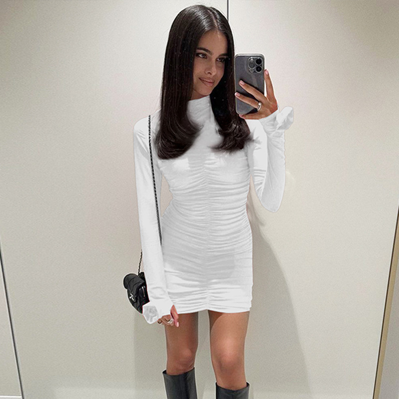 Women Clothing Autumn Floral Decoration Long Sleeve Pleated Slim Sheath Dress Women