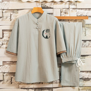 2025 Summer New Short-Sleeved Tang Suit Suit Chinese Style Trendy Casual Stand-Up Collar Plate Buckle Chinese Style Taoist Zen Han Dynasty