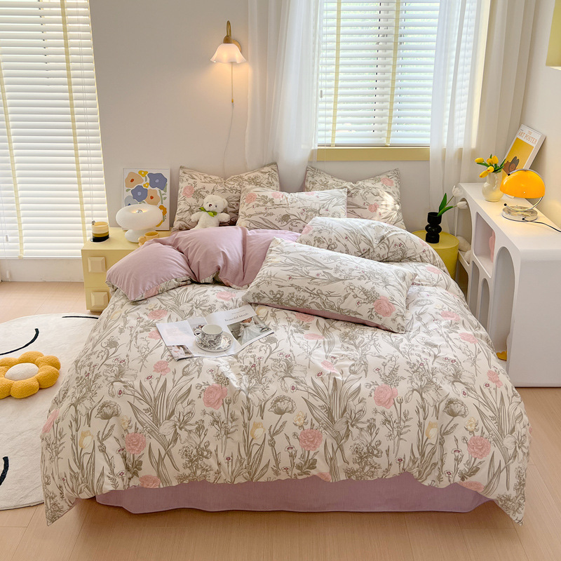 Algodón de cuatro piezas de ropa de cama de algodón 2025, nuevo edredón de flores frescas, sábanas de dormitorio de tres piezas de cuatro estaciones