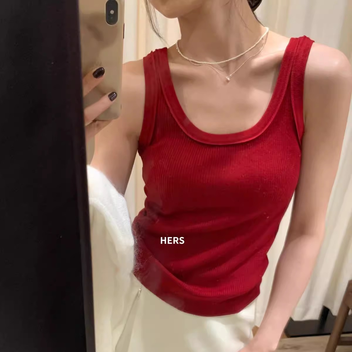 Hers estilo coreano simple diario de un solo producto de viaje chaleco de cuello redondo para mujer camisa de fondo delgada elástica con cuello en U grande 20460