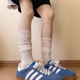 Jk White Calf Socks for Women Spring Girls Sweet Lace Mid-Calf Socks Black Pile Socks Lolita Socks