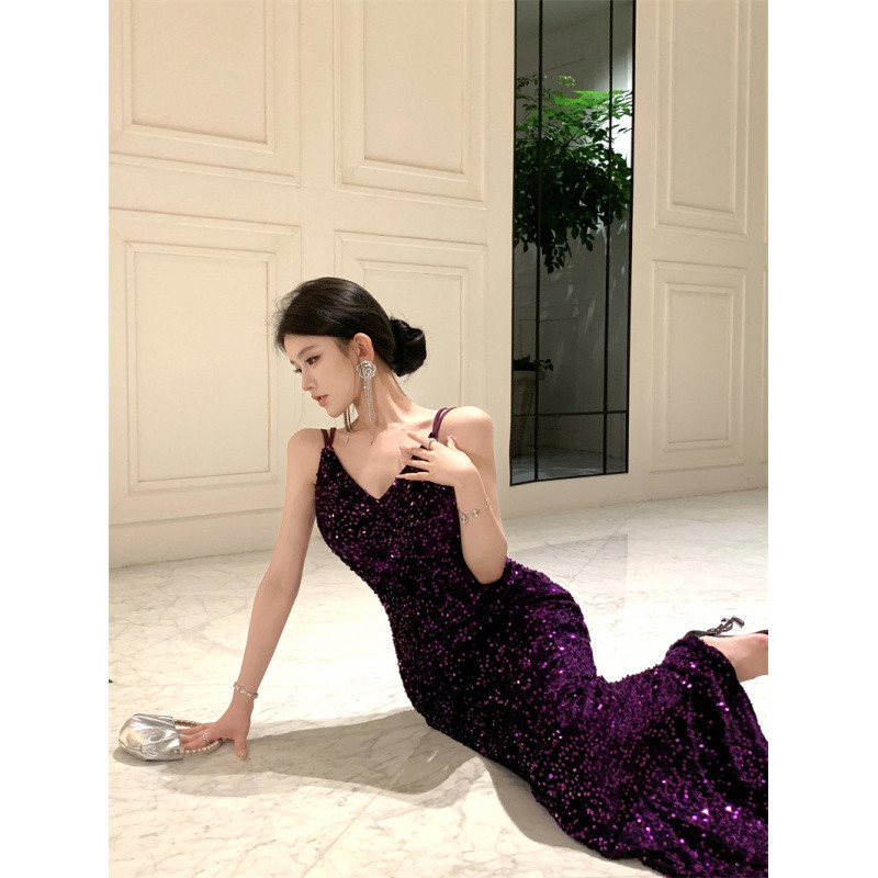 Cross-border Women's 2024 New Dress Purple Sequins Cross Backless Super Long dress Dress