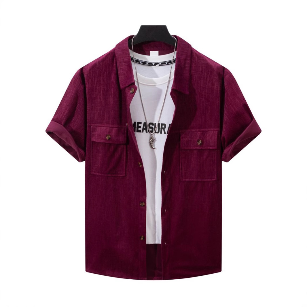 2025跨境夏季男士新款重磅设计简约休闲灯芯绒提花开衫短袖衬衫