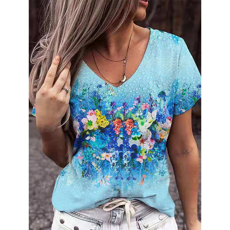 V Neck Neckline Loose Version Map, Star, Flower Pattern Wholesale Women'S Casual Map Star Flower Short Sleeve Printing T-Shirts