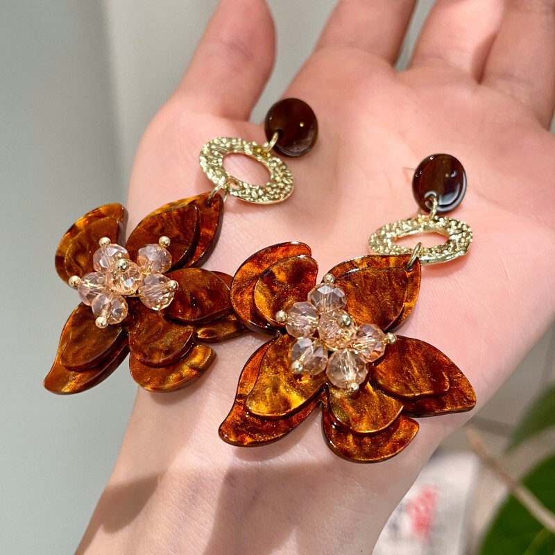 钟楚曦同款焦糖色花朵耳环美拉德度假风几何花卉耳钉时尚咖色耳饰|undefined