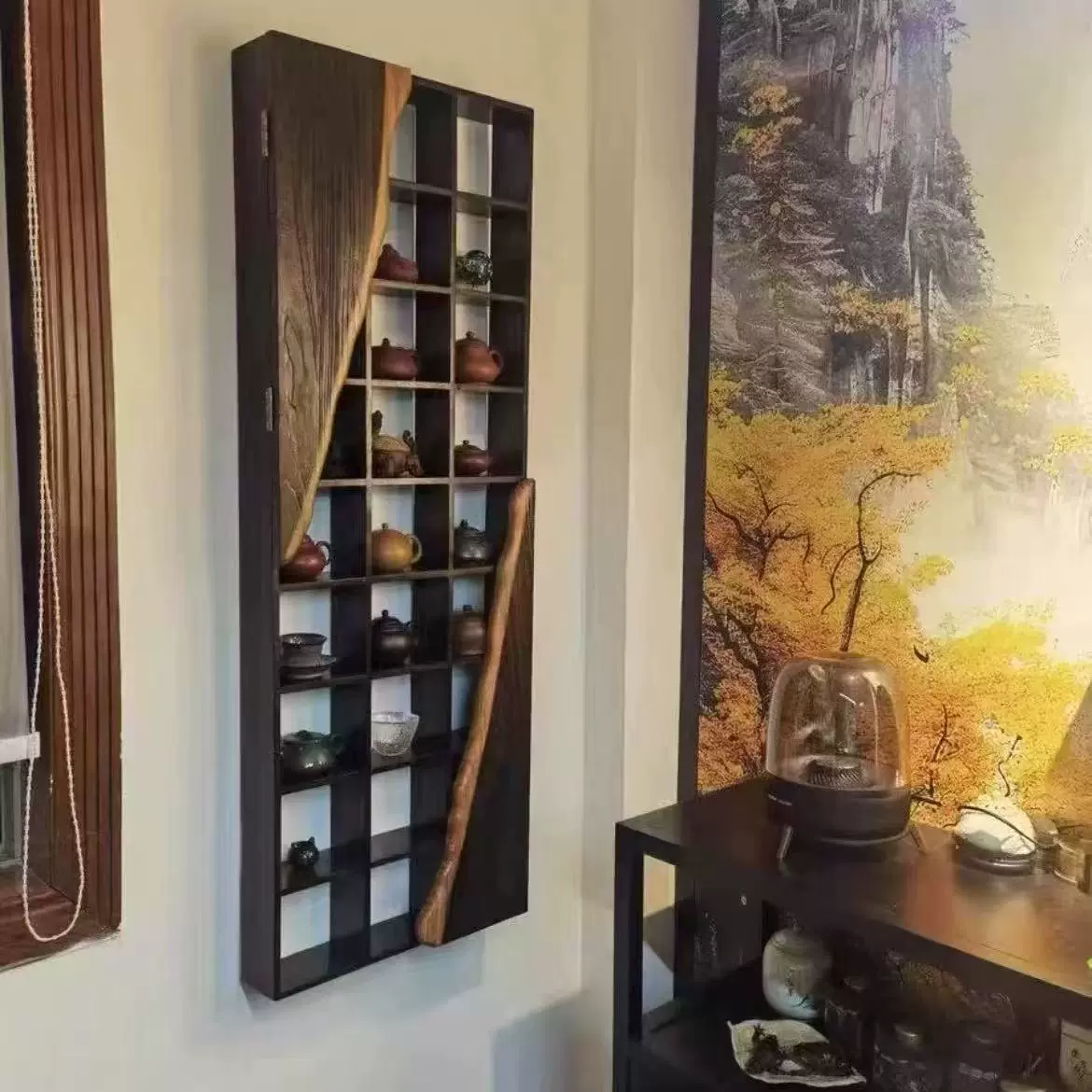 侘寂风老榆木博古架多宝阁茶具茶杯置物架壁挂式古董整理收纳架