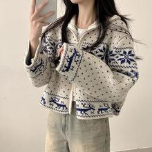 出口韩国chic~秋冬糯叽叽重工雪花图案短款立领拉链保暖毛衣外套