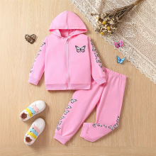 女童秋冬款连帽套装休闲拉链帽衫蝴蝶定位印花休闲长裤套装潮