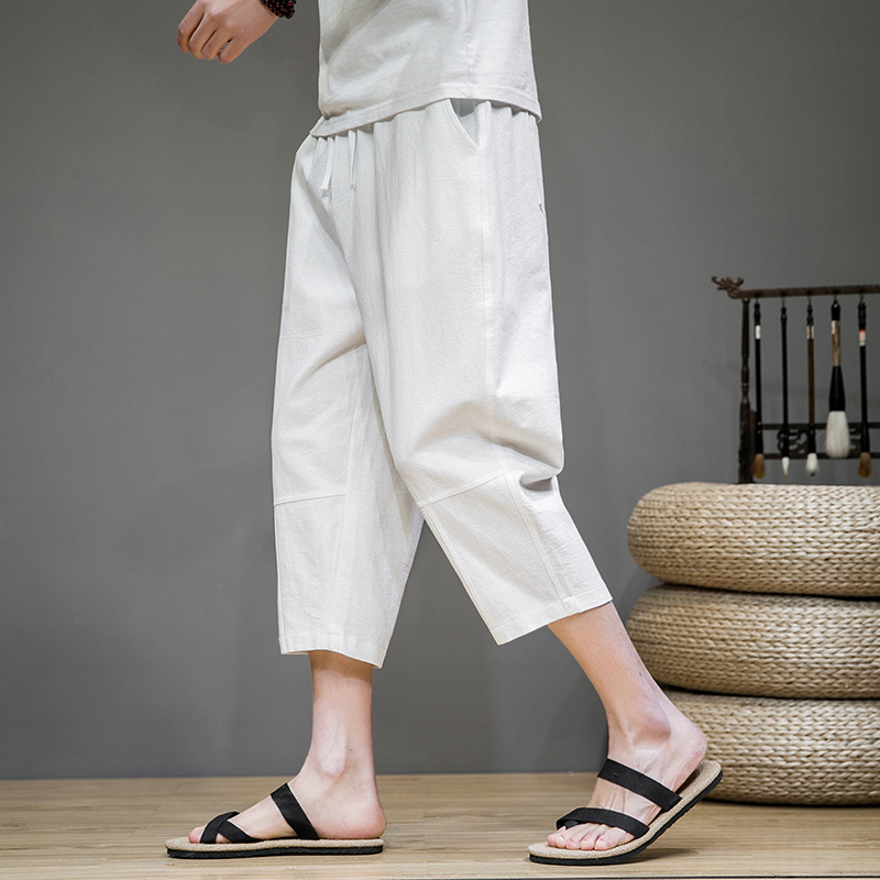 Summer Capri Pants Men's Loose Leg Haren Pants Trendy Chinese Style Cotton and Linen Casual Pants Thin Capri Beach Pants