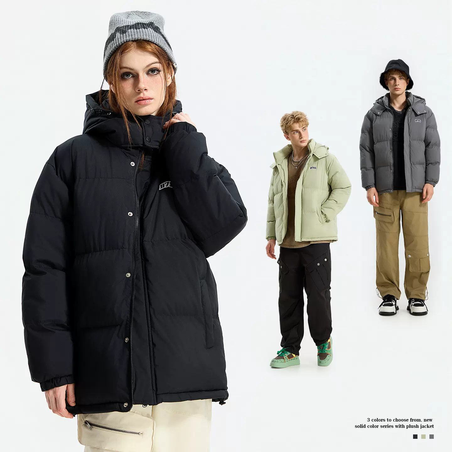 新款纯色连帽棉服男女同款冬季宽松加厚棉袄可拆卸帽棉衣外套保暖