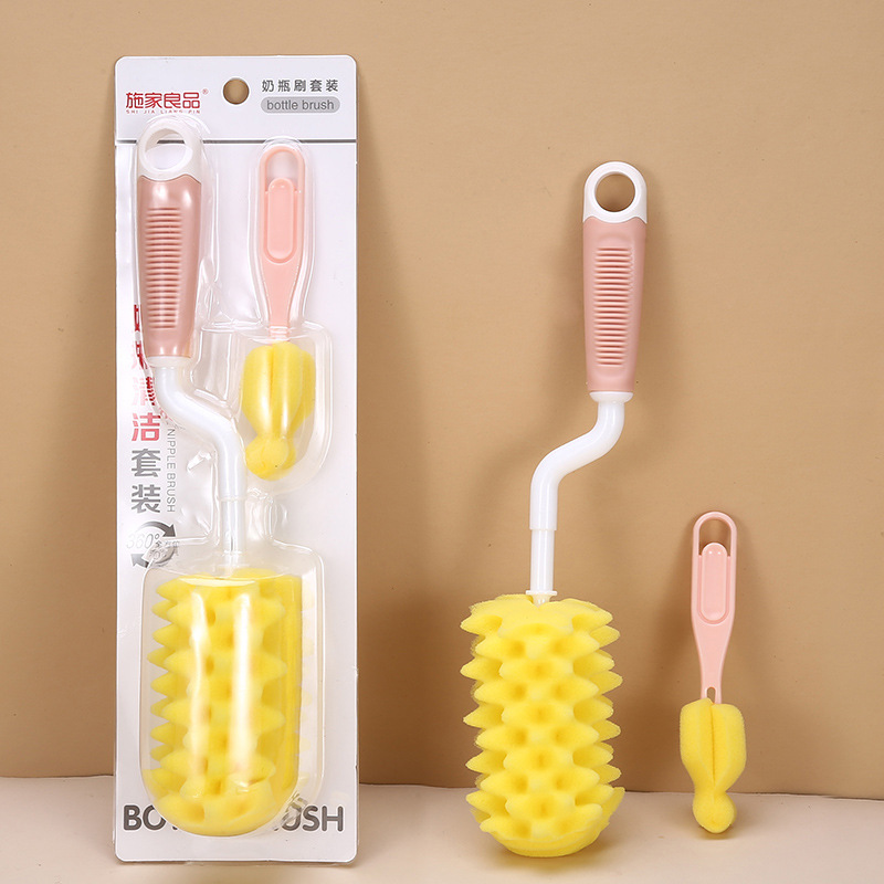 High Quality Sponge Bottle Brush 2-Piece Set Baby Products Pacifier Brush 360 Degree Rotating Cup Brush Daily Cleaning Tools
