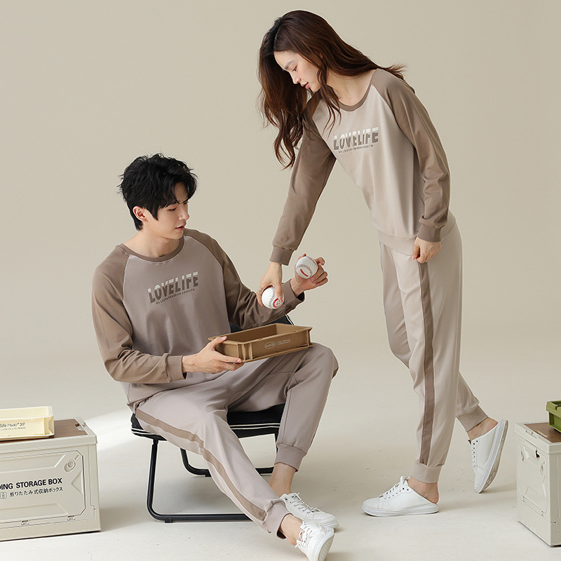 [순면] 잠옷 여성 봄 · 가을 긴 소매 풀오버 컬러 매칭 캐주얼 스포츠 세트 남성 올면 홈 의류