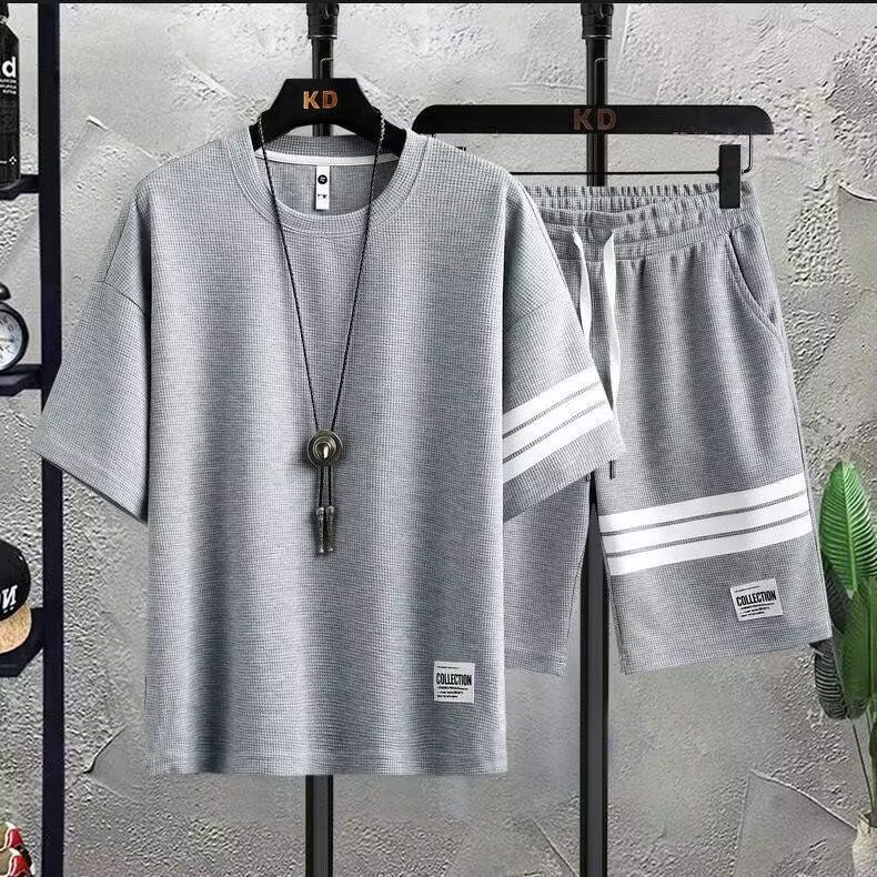 Leichtes Herren Sommer Trainingsanzug Set Waffelstrick Freizeit_voghion.com