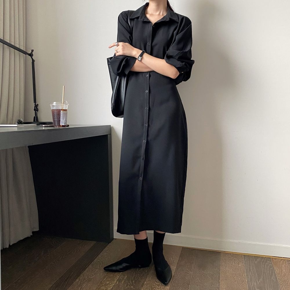 385g Weight Long Sleeve Sleeve Length A- Line Skirt Dresses Type Regular Sleeve Sleeve Type Polyester, Polyester Fabric Type Cardigan, Shirt Collar Neckline Regular Fit Fit Type Solid Color Pattern New Style, Japanese and New Leisure Style Elegant French Waist Cinching Slimming Fairy Tale Style Long Dress Goddess Look Loose Fit One Piece Pure Color Polyester Dress 4