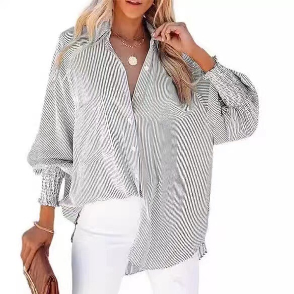 European and American Cross-Border Amazon Foreign Trade 2026 Striped Long-Sleeve Loose Casual Cover-Up Beach Sun Protection Women's Shirt European and American Cross-Border Amazon Foreign Trade 2026 Striped Long-Sleeve Loose Casual Cover-Up Beach Sun Protection Women's Shirt