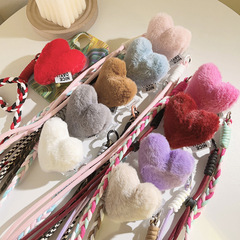 少女毛絨愛心背夾斜跨手機鏈背帶式通用手機殼長款編繩戶外掛脖帶