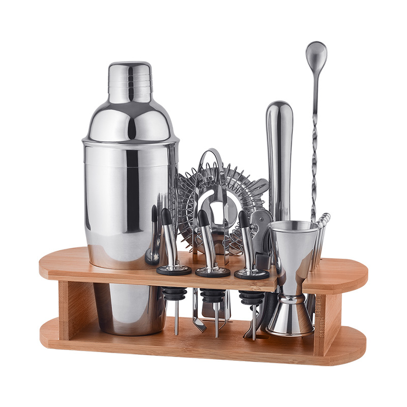 Traje agitador de acero inoxidable transfronterizo en stock con estante de madera bar coctelera herramientas conjunto completo para uso familiar