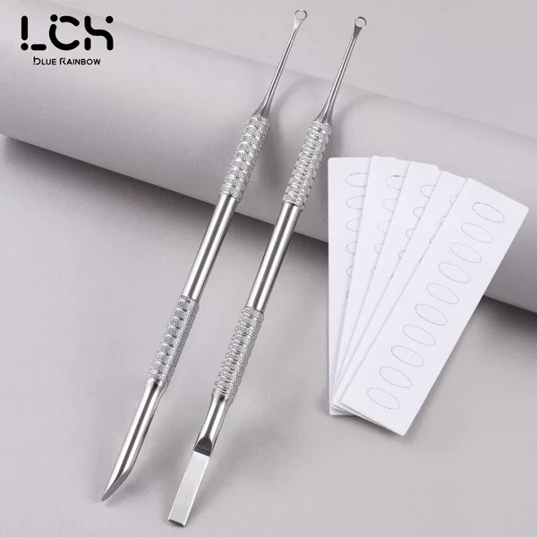 Russian-Style High-Gloss Steel Pusher with Double-Ended Circle and Beveled Head, Flat Pusher, Horseshoe Pusher, Replacement Nail Art Tool, Sandpaper Sheet