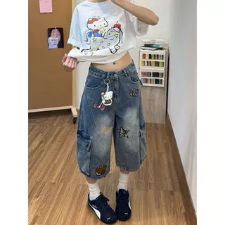 美式复古星星刺绣七分牛仔裤女慵懒松弛感宽松显瘦直筒阔腿中裤夏