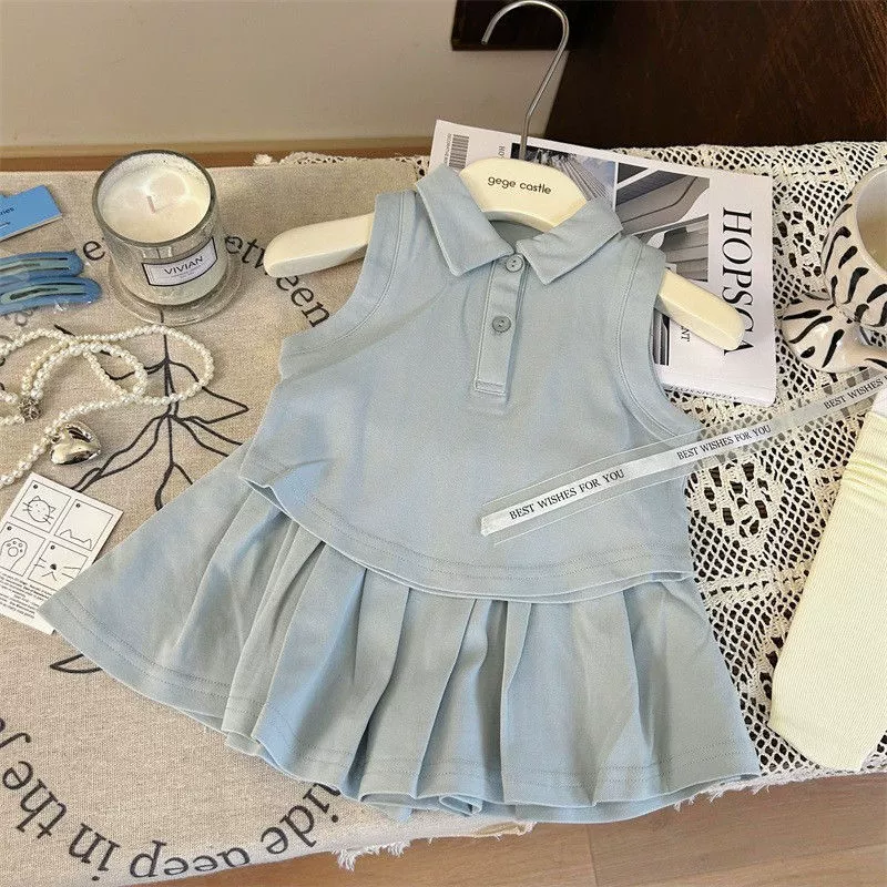 Set, vest sleevless, blue pleated skirt, (Physicals)