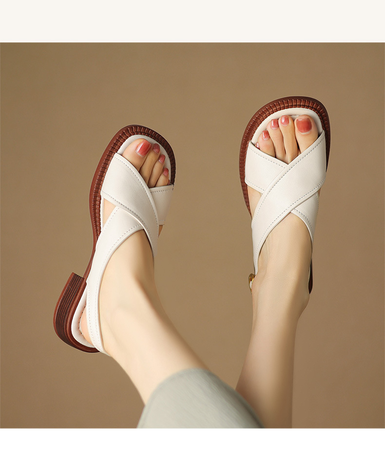 Sandal hở mũi nữ gót thấp 3.5 cm quai chéo da cừu phong cách La Mã — màu trắng ngà chi tiết 10