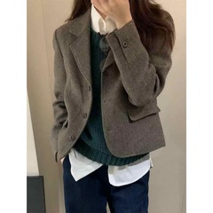 韩系chic复古人字纹咖色短款外套女2024秋冬超好看气质小西装上衣