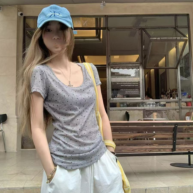薄款U领波点t恤女夏季新款灰色复古正肩修身显瘦短袖辣妹透感上衣|undefined