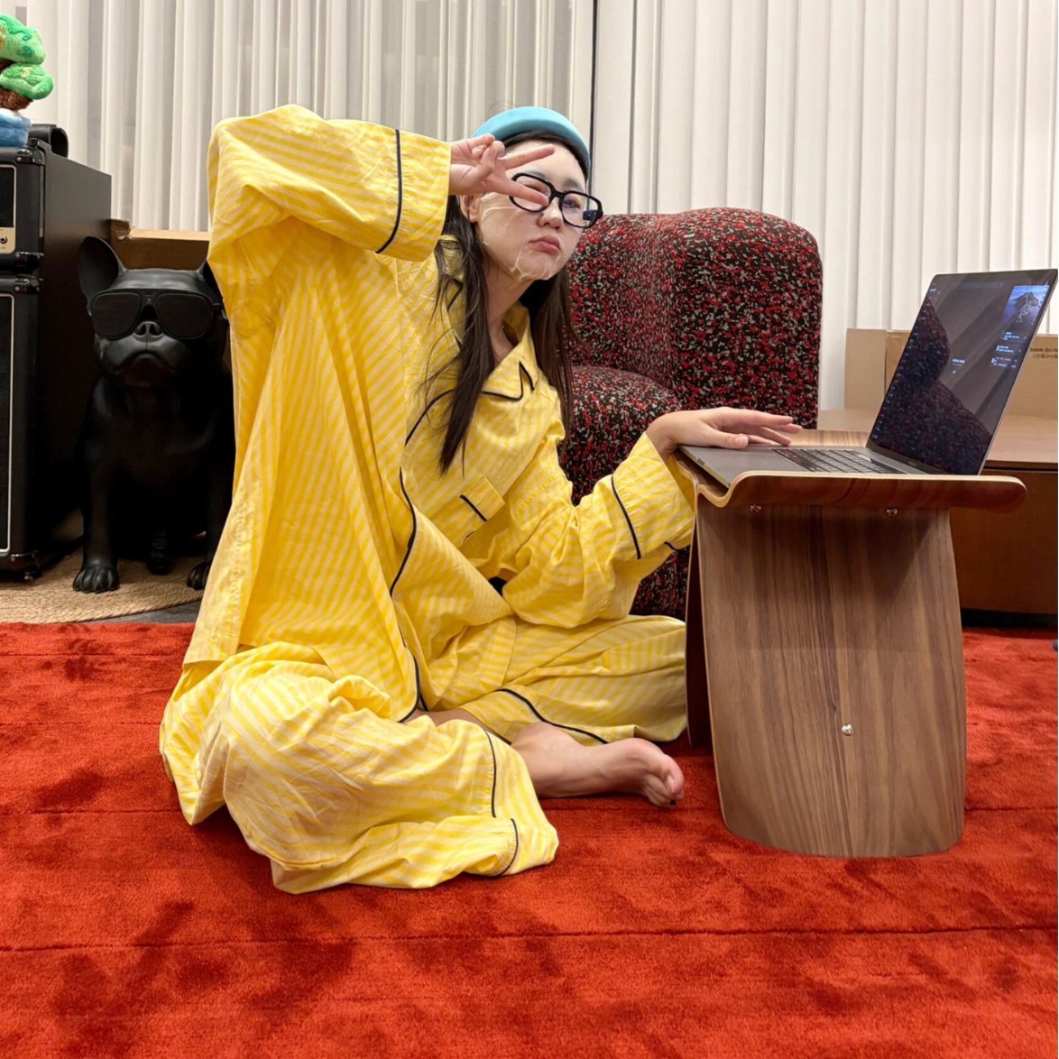 Wei Xue Recommends the Same Striped Long-Sleeved Two-Piece Pajamas, Spring and Autumn Style Women's Lazy Yellow Cardigan Loungewear Set