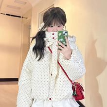 慵懒风蝴蝶结绑带波点短款连帽棉衣外套冬季百搭加厚保暖防寒棉服