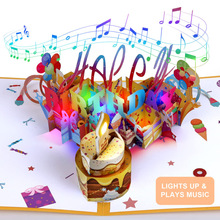 跨境爆款3D音乐生日卡可吹LED灯蜡烛弹出式生日祝福卡片创意纸雕
