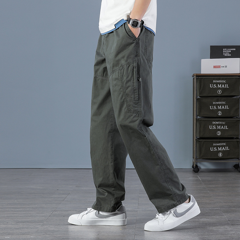 Spring and Autumn New Men's Casual Pants Multi-Pocket Overalls Men's Loose plus size Loose Pants with Loose and Loose Waist for Fat Men