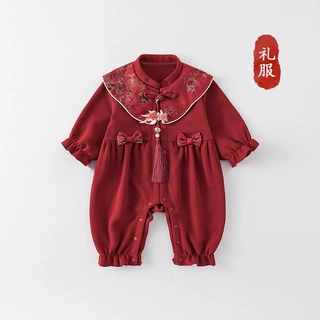 婴儿衣服春秋女宝宝国风连体衣小月龄满月百天宴抓周秋季外出礼服