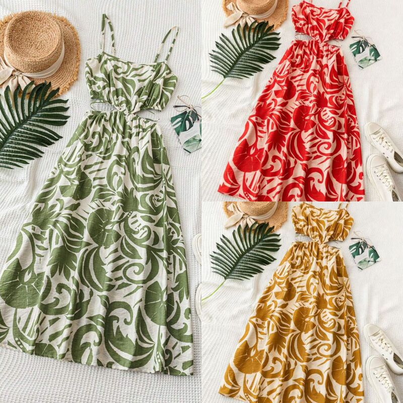 Cross-Border Summer New Style Green Floral Long Suspender Skirt for Women with Hollow Waist Design Holiday Style Slimming Dress