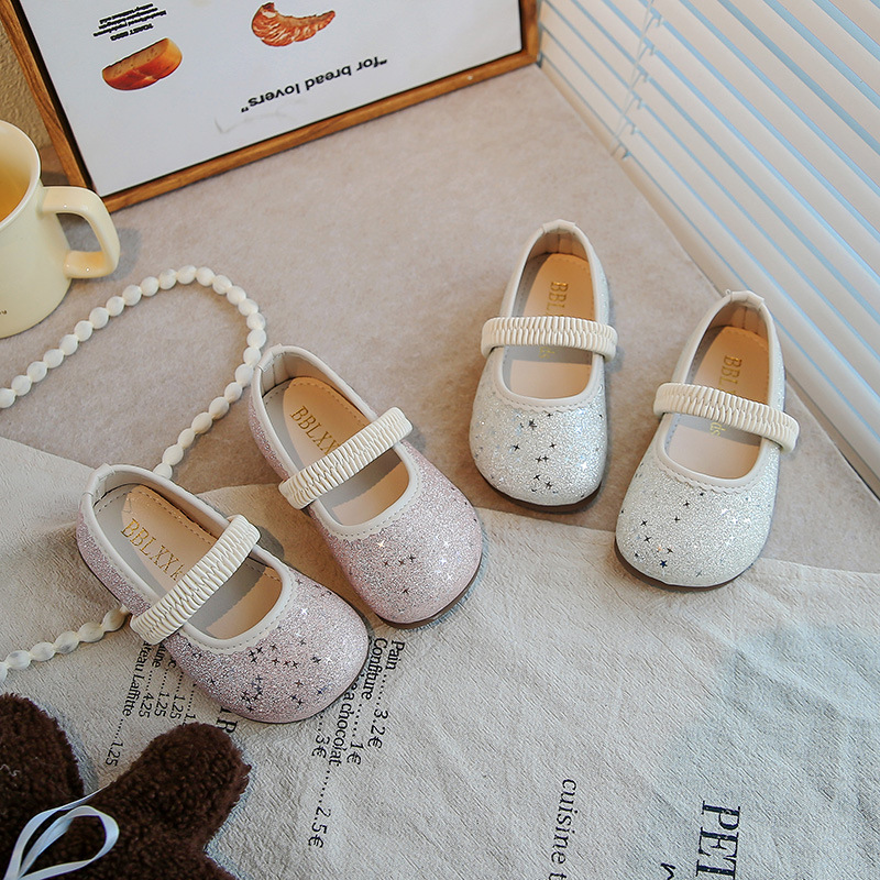 Girls' Leather Shoes, Fashionable Little Girl Princess Shoes, Sparkling Diamond Kidsren's Shoes, Silver Ballet Shoes, 2025 Spring New Style