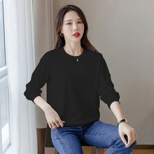 女夏季白色纯棉T恤长袖圆领高品质打底衫简约卫衣学生无帽上衣